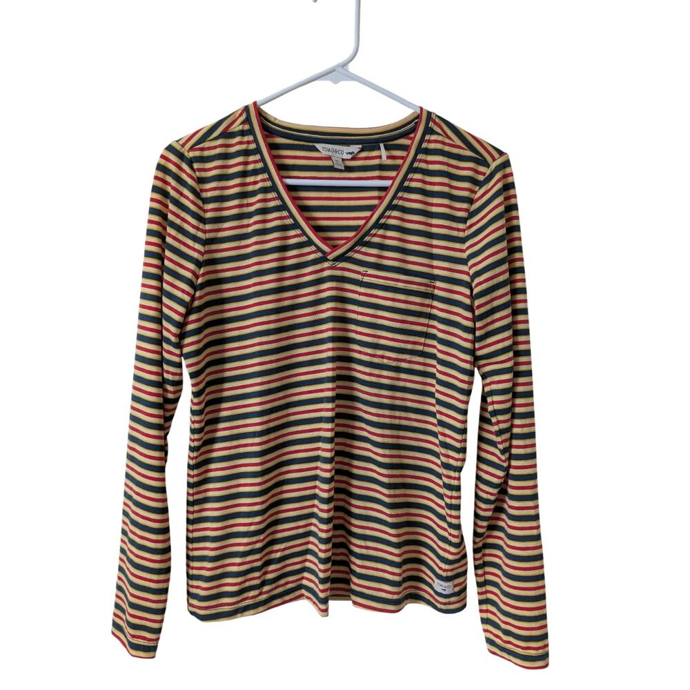 Toad&Co. Swiftly Long Sleeve V-Neck Top Size XS Striped Neutrals Red Cream Basic